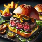 Ribeye slides brioche bol met Rucola en Piccalilly